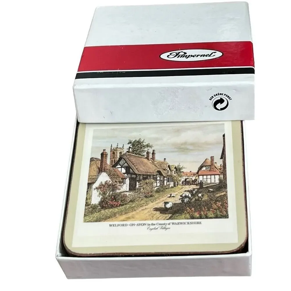 Pimpernel English Villages 4.25x4.25 Coasters Cork Bottom With Box